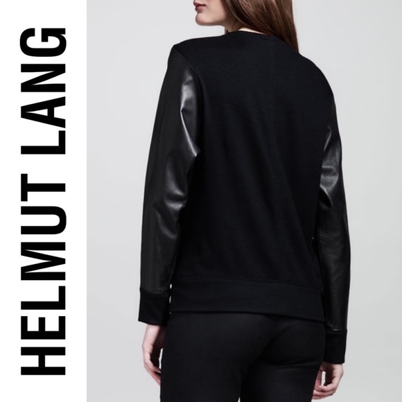 HELMUT LANG genuine leather and wool black long sleeve sweater - Picture 2 of 10